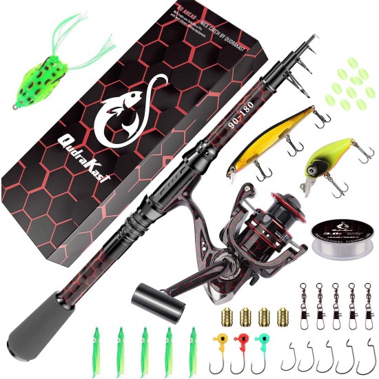 QudraKast Unique Design with X-Warping Painting, Carbon Fiber Telescopic Fishing Rod with Reel Combo