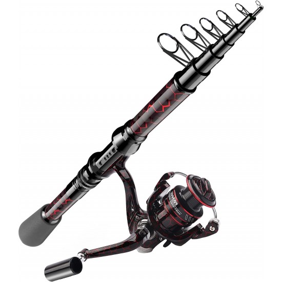 QUDRAKAST Fishing Rod and Reel Combos, Unique Design with X-Warping  Painting, Carbon Fiber Telescopic Fishing Rod with Reel Combo Kit with